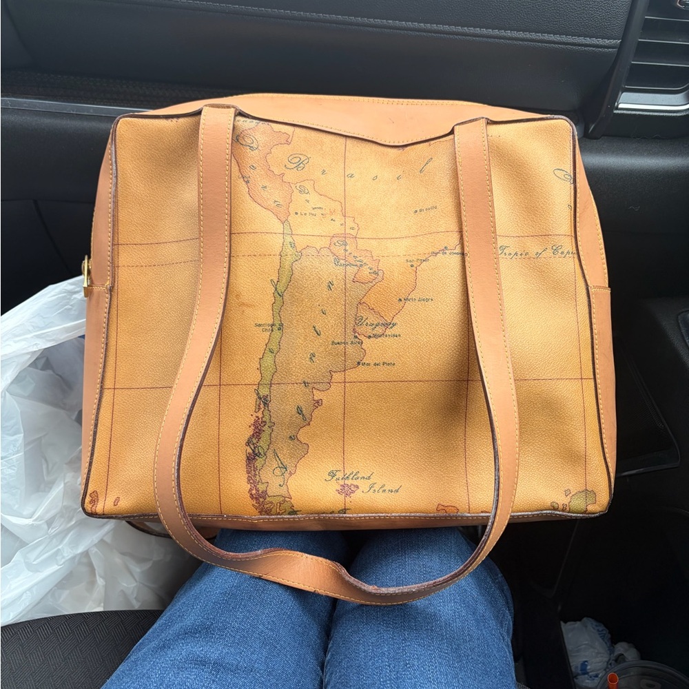 Alviero Martini Map-Print Messenger Bag in Tan and Brown